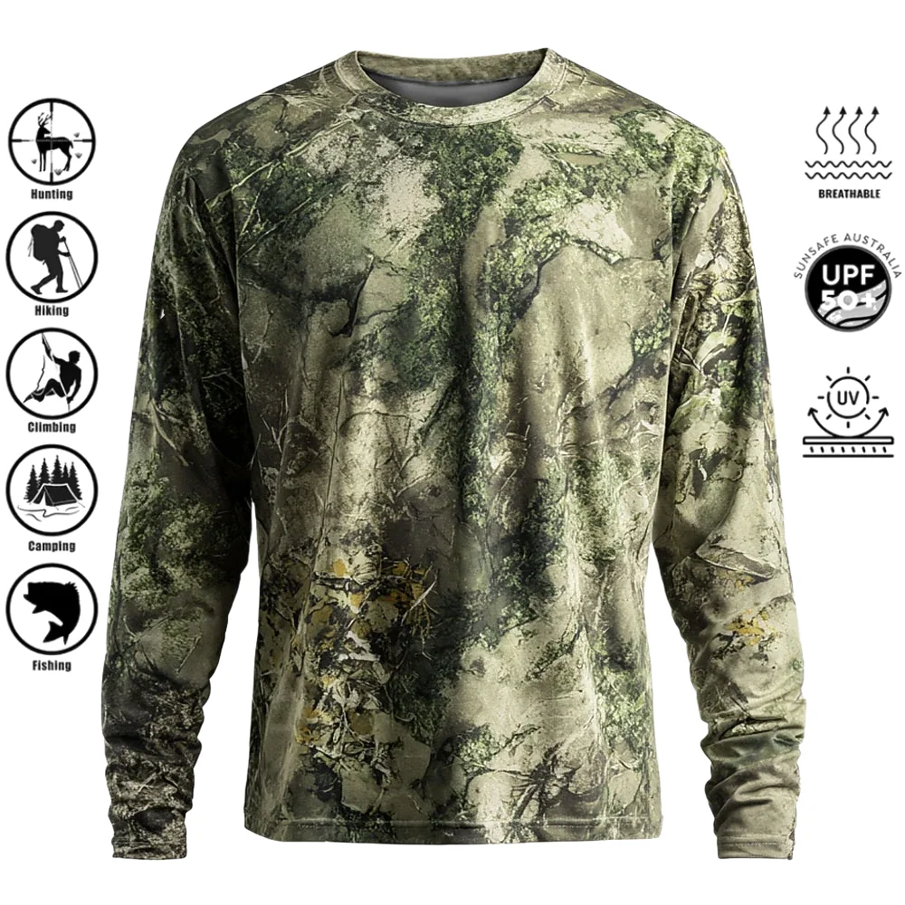 Fishing Shirt Uv Protection - メンズ長袖Tシャツ、ポリエステル素材、3Dプリント迷彩柄、UPF50+の紫外線カット機能、クルーネック、通気性、釣り、狩猟、ハイキング、アウトドアに最適なトップス。
